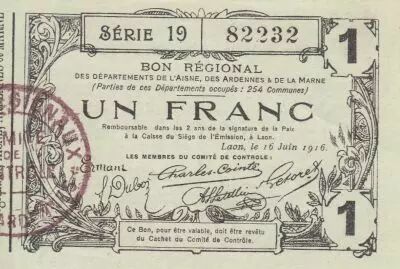 Francia 1 Franc - Laon - Regional Coupon - 16-06-1916 - Serial 19