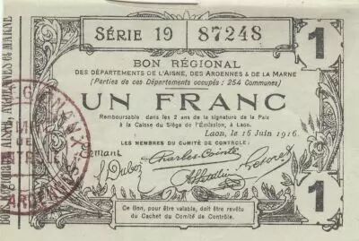 Francia 1 Franc - Laon - Regional Coupon - 16-06-1916 - Serial 19