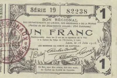 Francia 1 Franc - Laon - Regional Coupon - 16-06-1916 - Serial 19