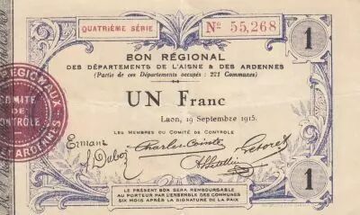 Francia 1 Franc - Laon - Regional Coupon - 19-09-1915 - Fourth Serial