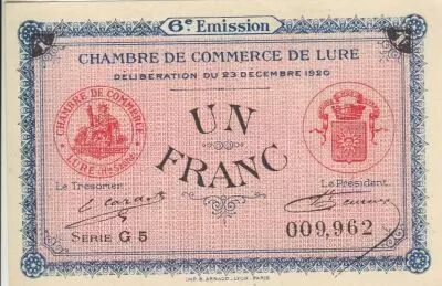 Francia 1 Franc - Lure - Chamber of Commerce - 23-12-1920 - Serial G5