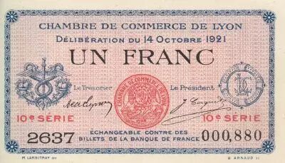 Francia 1 Franc - Lyon - Chamber of Commerce - 14-10-1921 - Tenth Serial