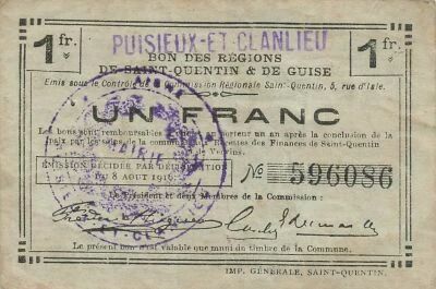 Francia 1 Franc - Saint-Quentin and Guise Regions - Puisieux-et-Clanlieu - 08-08-1916