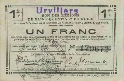 Francia 1 Franc - Saint-Quentin and Guise Regions - Urvillers - 08-08-1916