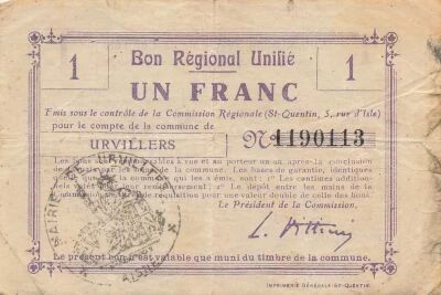 Francia 1 Franc - Unified Regional Bill - City of Urvillers