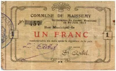 Francia 1 Franc Maissemy City - 1915