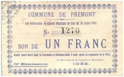 Francia 1 Franc Premont City - 1915