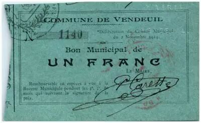 Francia 1 Franc Vendeuil City - 1914