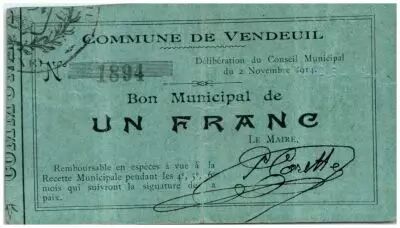 Francia 1 Franc Vendeuil City - 1914