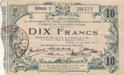 Francia 10 Francs - Hirson - Regional Coupon - 14-06-1917 - Serial 1