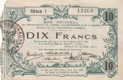 Francia 10 Francs - Hirson - Regional Coupon - 14-06-1917 - Serial 1