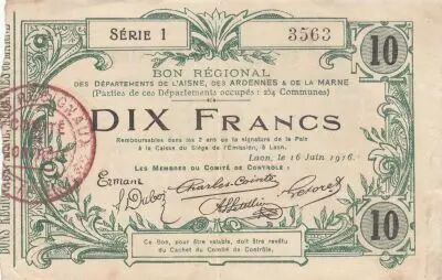 Francia 10 Francs - Laon - Regional Coupon - 16-06-1916 - Serial 1
