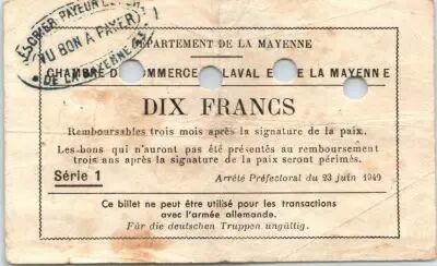 Francia 10 Francs , Laval et Mayenne Chambre de Commerce, s�rie 1 Annul� par perf. - 1940