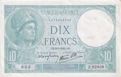 Francia 10 Francs - Minerva - 02-01-1941 - Serial Z.82938 - P.73