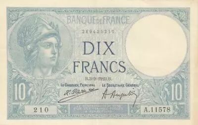 Francia 10 Francs - Minerva - 03-09-1923 - Serial A.11578