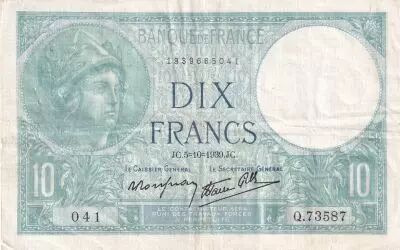 Francia 10 Francs - Minerva - 05-10-1939 - Serial Q.73587 - P.73