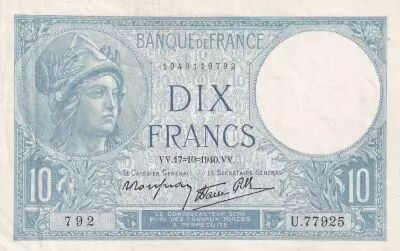 Francia 10 Francs - Minerva - 17-10-1940 - Serial  T.77659