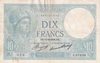 Francia 10 Francs - Minerva - 17-12-1936 - Serial S.67636 - P.73