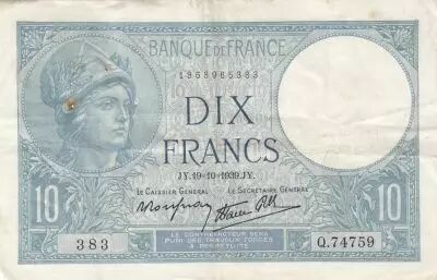 Francia 10 Francs - Minerva - 19-10-1939 - Serial Q.74817 - P.73