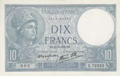 Francia 10 Francs - Minerva - 21-09-1939 - Serial X.72552