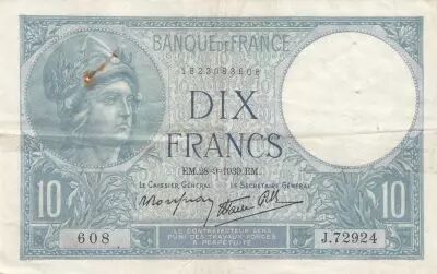Francia 10 Francs - Minerva - 28-09-1939 - Serial V.73031 - XF - P.73