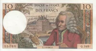 Francia 10 Francs - Voltaire - 07-09-1967 - Serial Q.349