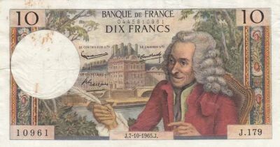 Francia 10 Francs - Voltaire - 07-10-1965 - Serial J.179