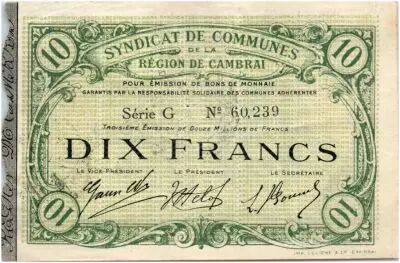 Francia 10 Francs Cambrai City - 1916