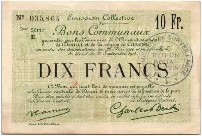 Francia 10 Francs Douai City - 1916