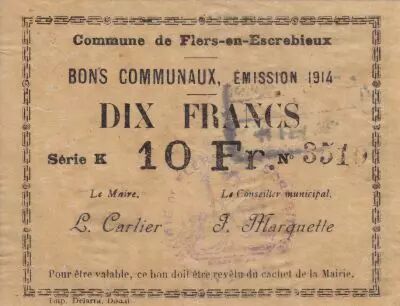 Francia 10 Francs Flers-En-Escrebieux City - 1914