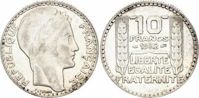 Francia 10 Francs Laureate head - 1932 Silver