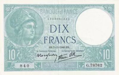 Francia 10 Francs Minerva - 07-11-1940 - Serial G.78762