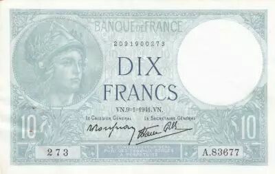 Francia 10 Francs Minerva - 09-01-1941 - Serial A.83677 - WPM. 84