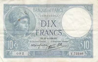 Francia 10 Francs Minerva - 21-09-1939 - Serial L.72358 - WPM. 84