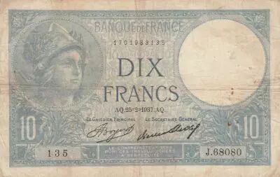Francia 10 Francs Minerva - 25-02-1937 - Serial J.68080
