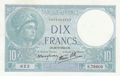 Francia 10 Francs Minerva -26-09-1940 - Serial  S.76602