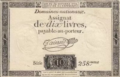 Francia 10 Livres - Watermark Fleur de Lys - 24-10-1792 - Sign. Taisaud - Serial 2587