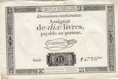 Francia 10 Livres - Watermark Republique -  French Revolution - 24-10-1792 - Serial 14796