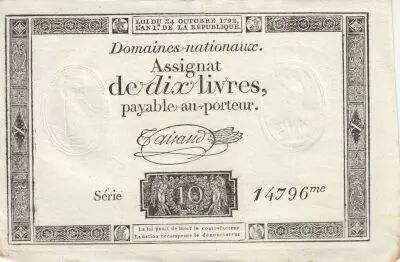 Francia 10 Livres - Watermark Republique -  French Revolution - 24-10-1792 - Serial 14796