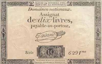Francia 10 Livres - Watermark Republique -  French Revolution - 24-10-1792 - Serial 6291