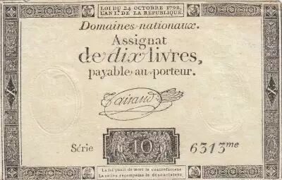 Francia 10 Livres - Watermark Republique -  French Revolution - 24-10-1792 - Serial 6313