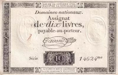 Francia 10 Livres Black Watermark Republique (24-10-1792) - Serial 14624 -- French Revolution
