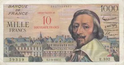 Francia 10 NF sur 1000 Francs - Richelieu - 07-03-1957 Serial E.332