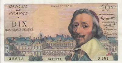 Francia 10 Nouveaux Francs - Richelieu - 06-04-1961 - Serial O.181
