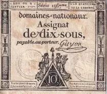 Francia 10 Sous - Women with Liberty cap on pole (04-01-1792) - Sign. Guyon - Serial 1967 - P.64