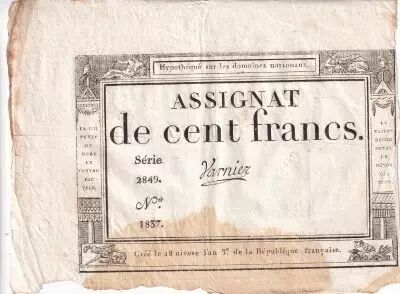 Francia 100 Francs - 18 Nivose An III - (07.01.1795) - Sign. Lassia - Serial  84