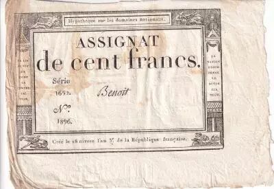 Francia 100 Francs - 18 Nivose An III - (07.01.1795) - Sign. Lassia - Serial  84