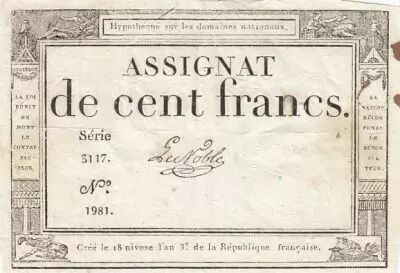 Francia 100 Francs - 18 Nivose An III - (07.01.1795) - Sign. Le Noble - Serial 3117