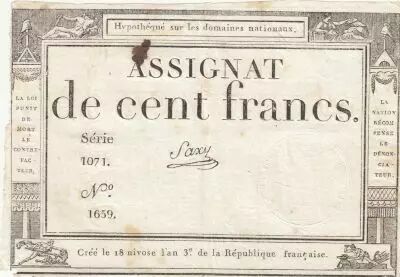 Francia 100 Francs - 18 Nivose An III - (07.01.1795) - Sign. Saxy - Serial 1071