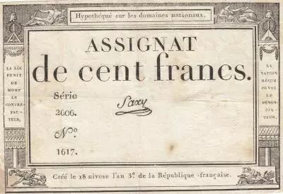 Francia 100 Francs - 18 Nivose An III - (07.01.1795) - Sign. Saxy - Serial 2006